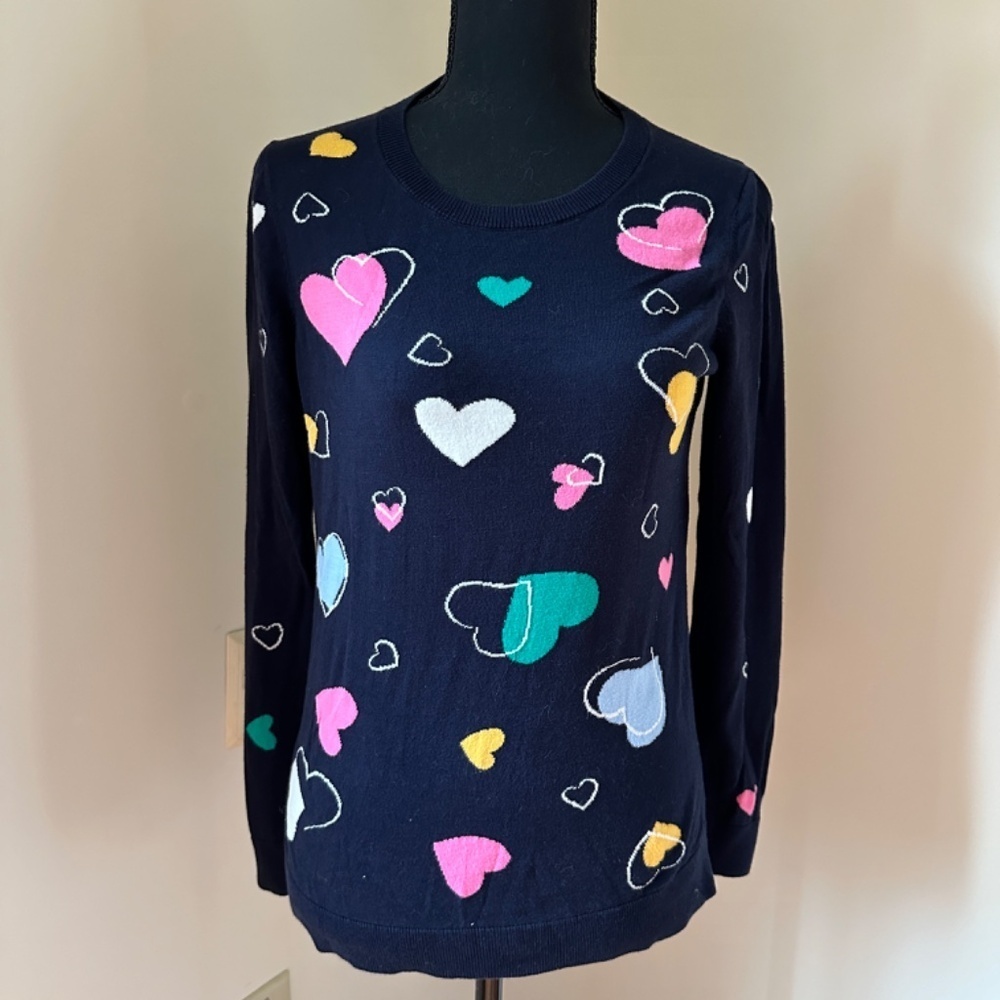 *TALBOTS* Navy x Multicolor Heart Long Sleeve Sweater Size Small